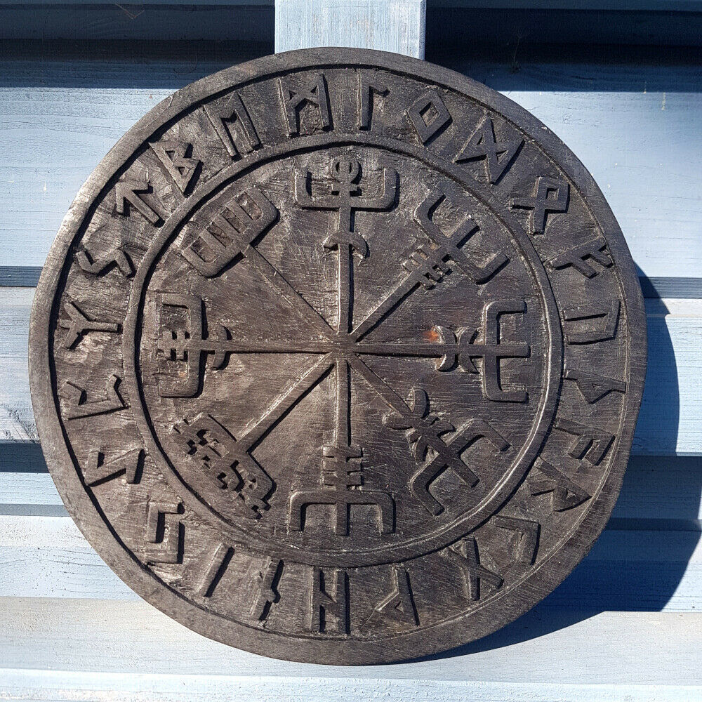 Wandschmuck Wandbild Wikinger Kompass schwarz geschnitztes Ornament Holzbild