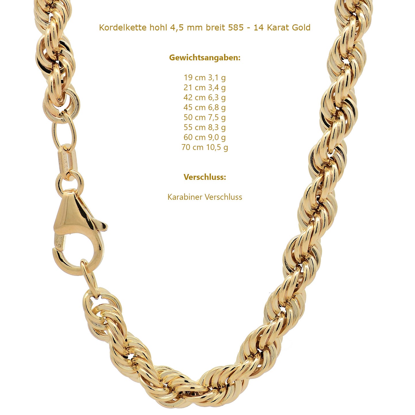 Edle Goldkette Kordelkette hohl Halskette 333-8 oder 585-14 Karat Gold