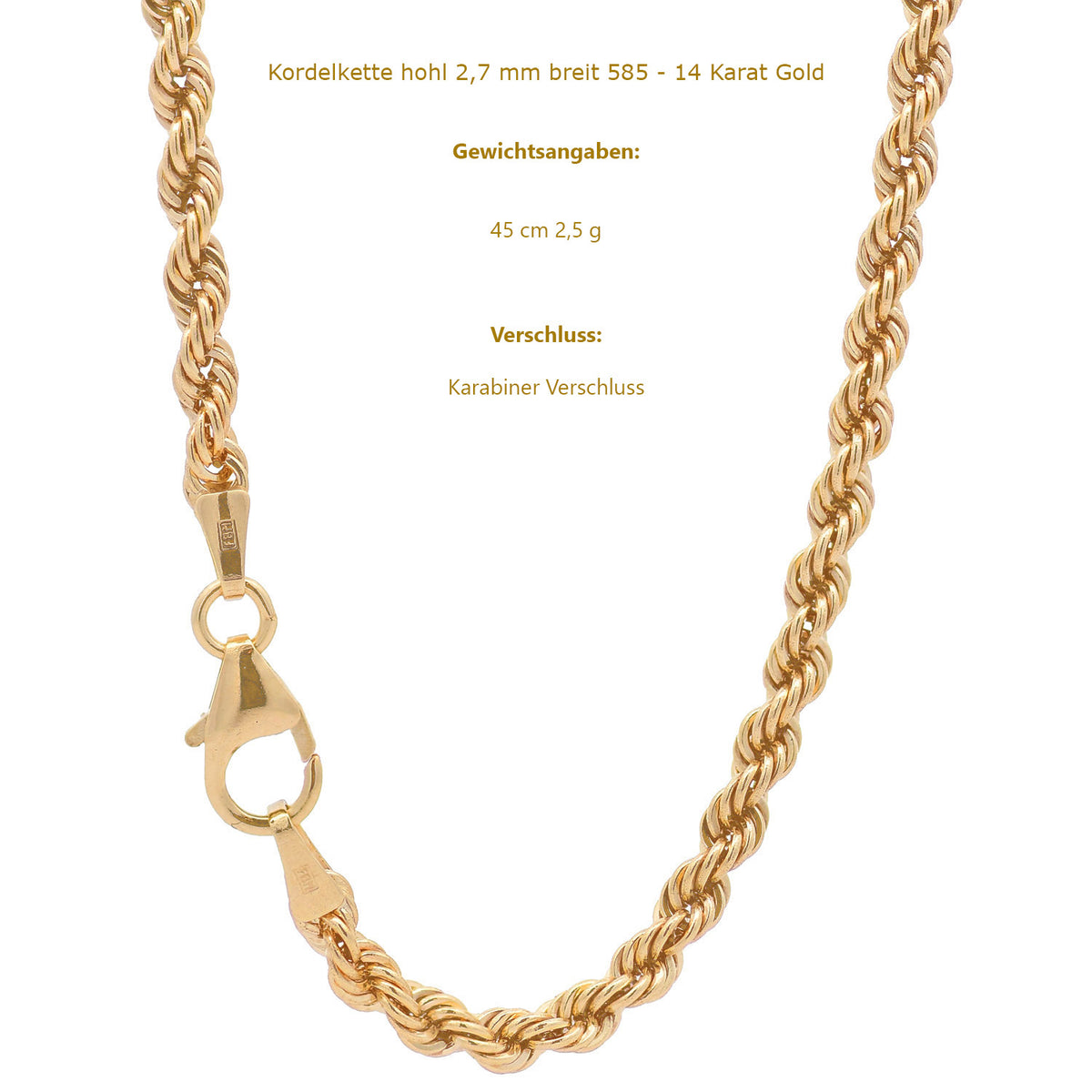Edle Goldkette Kordelkette hohl Halskette 333-8 oder 585-14 Karat Gold