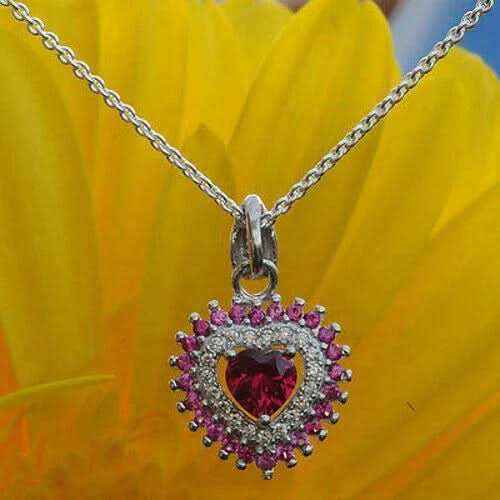Anhänger Herz mit roten Korund Steinen mit Ankerkette 45 cm 925 Silber