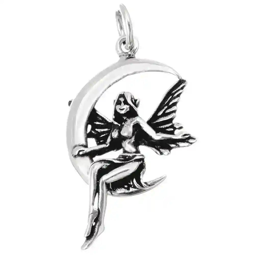 Auf Mond sitzende Fee, Elfe Schmuck Anhänger 925er Silber - Elfen Feen