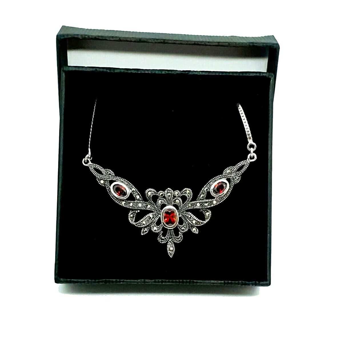 Elegantes Collier Mittelalter Gothic Vintage Jugendstil Granat mit Schmuckstein Anhänger 925er Silber