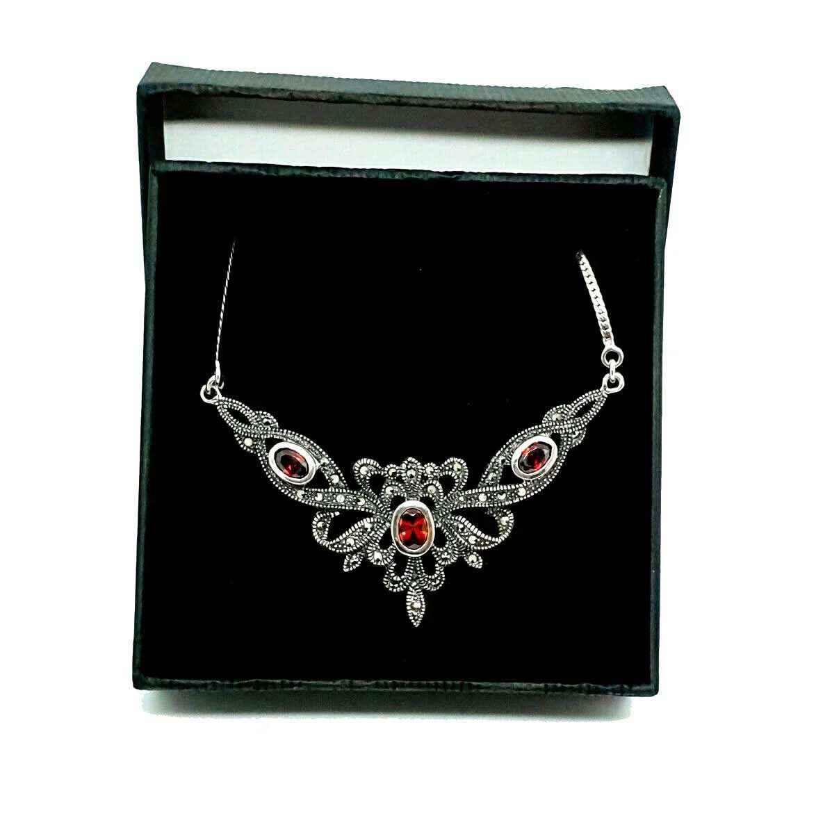 Elegantes Collier Mittelalter Gothic Vintage Jugendstil Granat mit Schmuckstein Anhänger 925er Silber