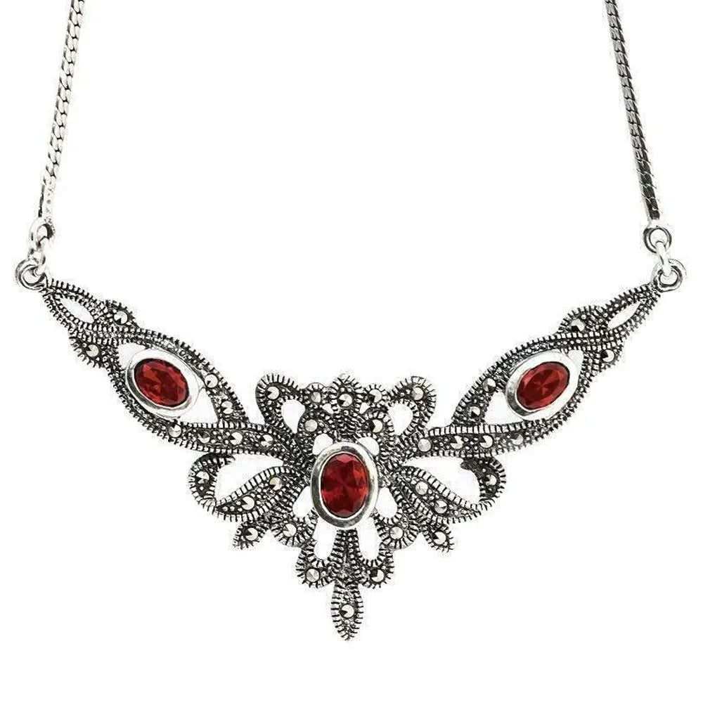 Elegantes Collier Mittelalter Gothic Vintage Jugendstil Granat mit Schmuckstein Anhänger 925er Silber