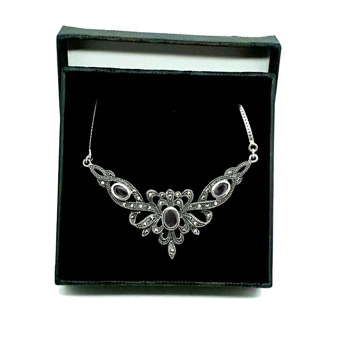 Elegantes Collier Mittelalter Gothic Vintage Jugendstil Onyx Anhänger 925er Silber
