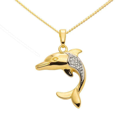 Gold Anhänger Delphin Zirkonia mit Goldkette massiv 333-8 Karat Gold