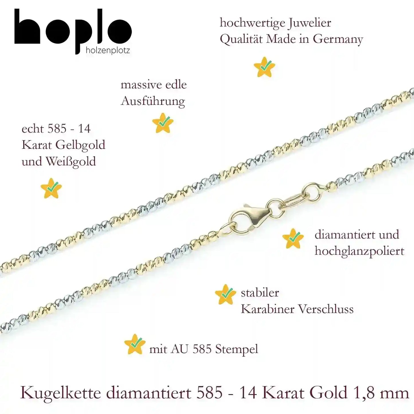 Goldkette Kugelkette diamantiert 1,8mm 585-14 Karat Gelbgold Weißgold