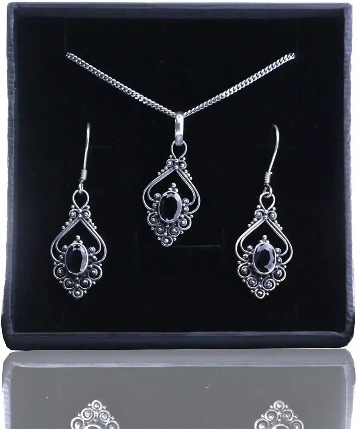 Jugendstil Schmuck Set Silberanhänger, Kette, Ohrringe Kristall, Schwarz 925er Silber