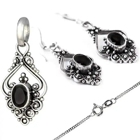 Jugendstil Schmuck Set Silberanhänger, Kette, Ohrringe Kristall, Schwarz 925er Silber