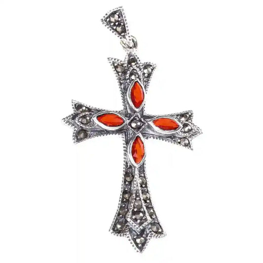 Kreuzanhänger Mittelalter IARA  Roter Kristall und Markasitsteinen Silber - Kreuze - 44x25mm