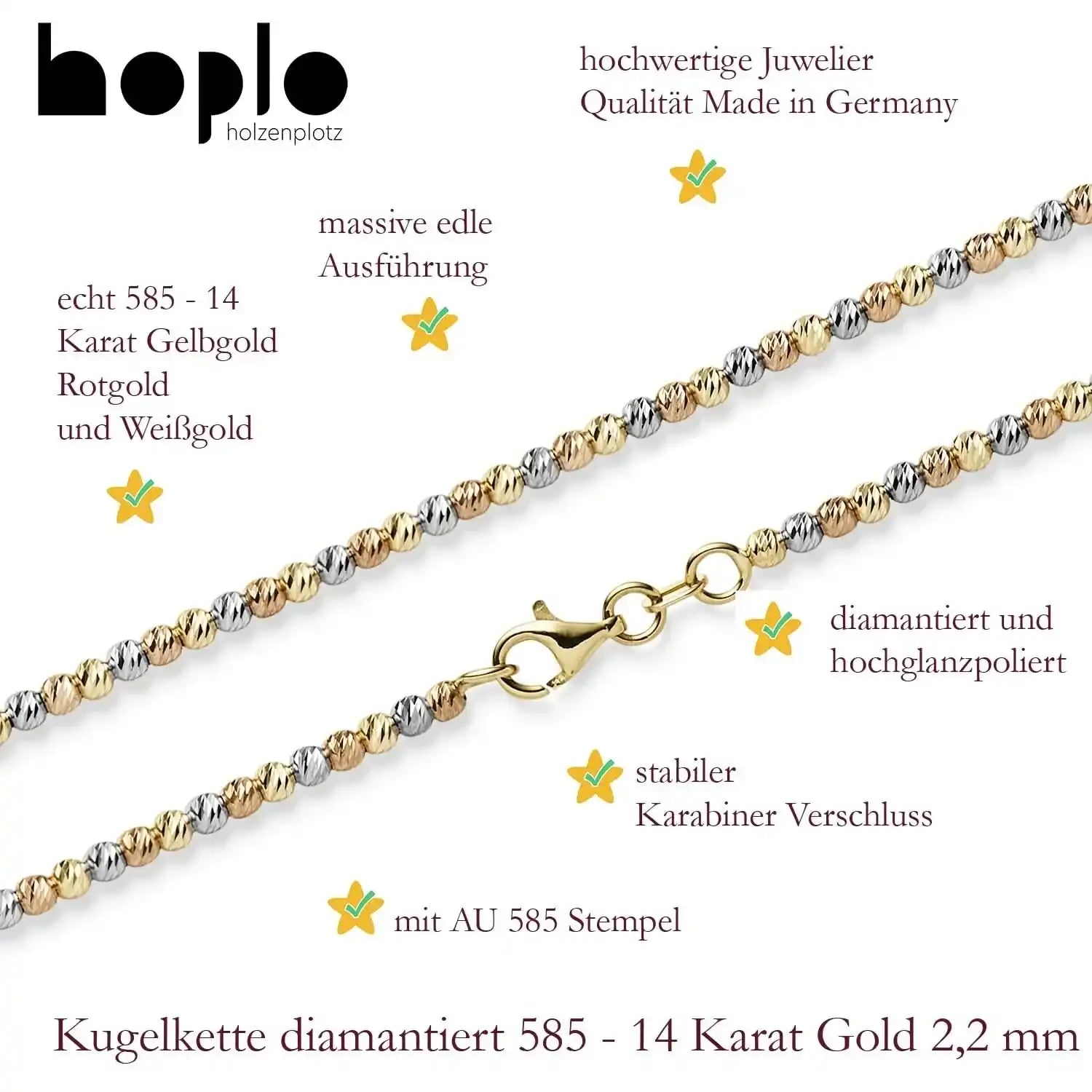 Kugelkette diamantiert 2,2 mm 585 - 14 Karat Gelbgold Rotgold Weißgold - Firma Holzenplotz - Silberketten - Goldketten.de