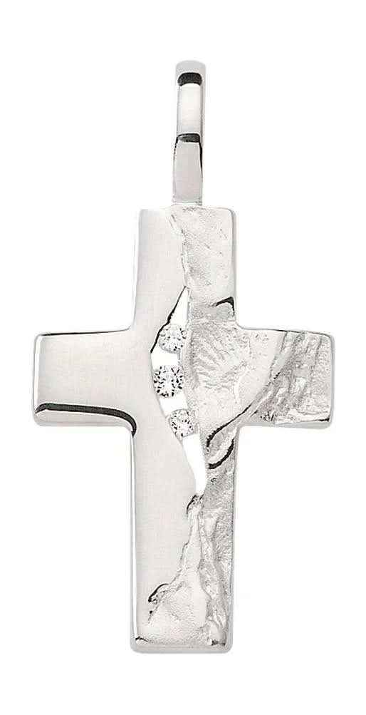 nhänger Kreuz aus Silber mit Zirkonia gehämmert aus massiv 925 Sterlingsilber