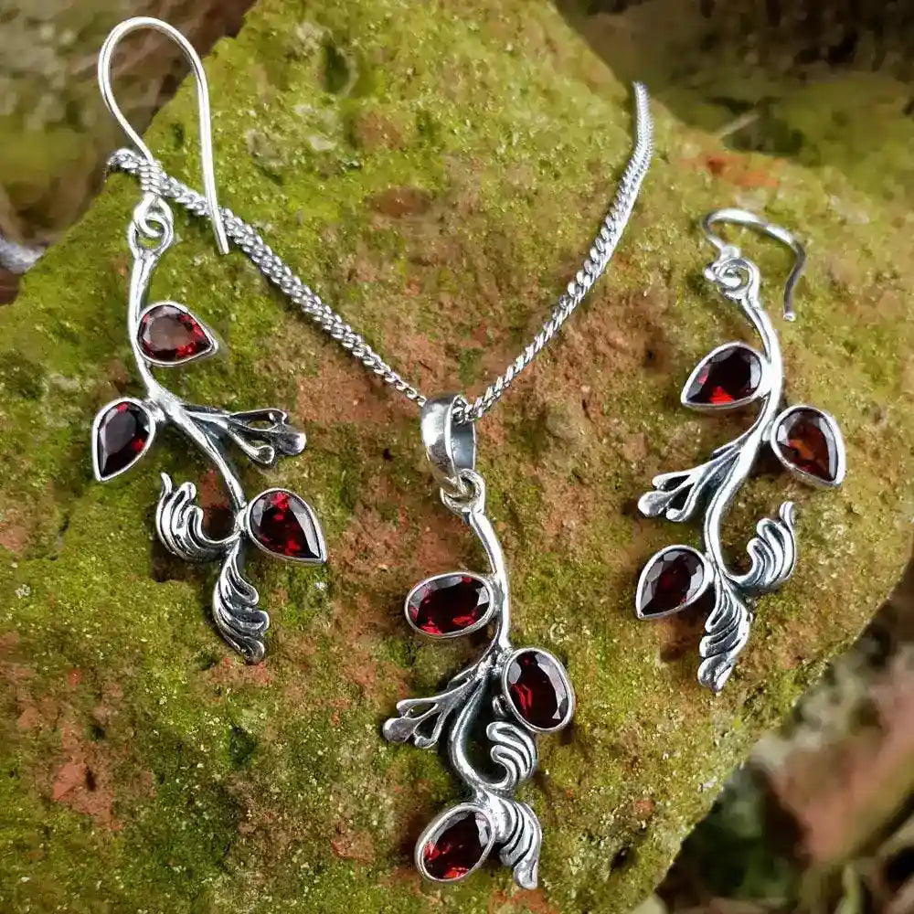 Ohranhänger Set Silber Kette Anhänger Blätter Granat Granatstein ROT 925 Silber