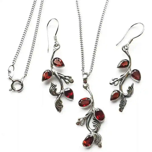 Ohranhänger Set Silber Kette Anhänger Blätter Granat Granatstein ROT 925 Silber