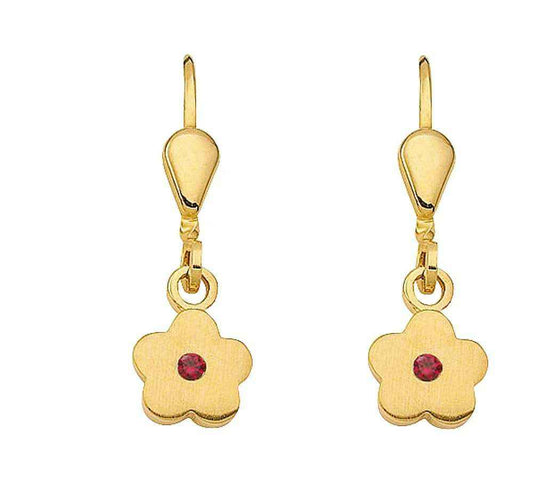 Ohrhänger, Ohrringe mit Brisur Blüte synthetischer Rubin 333 Gelbgold