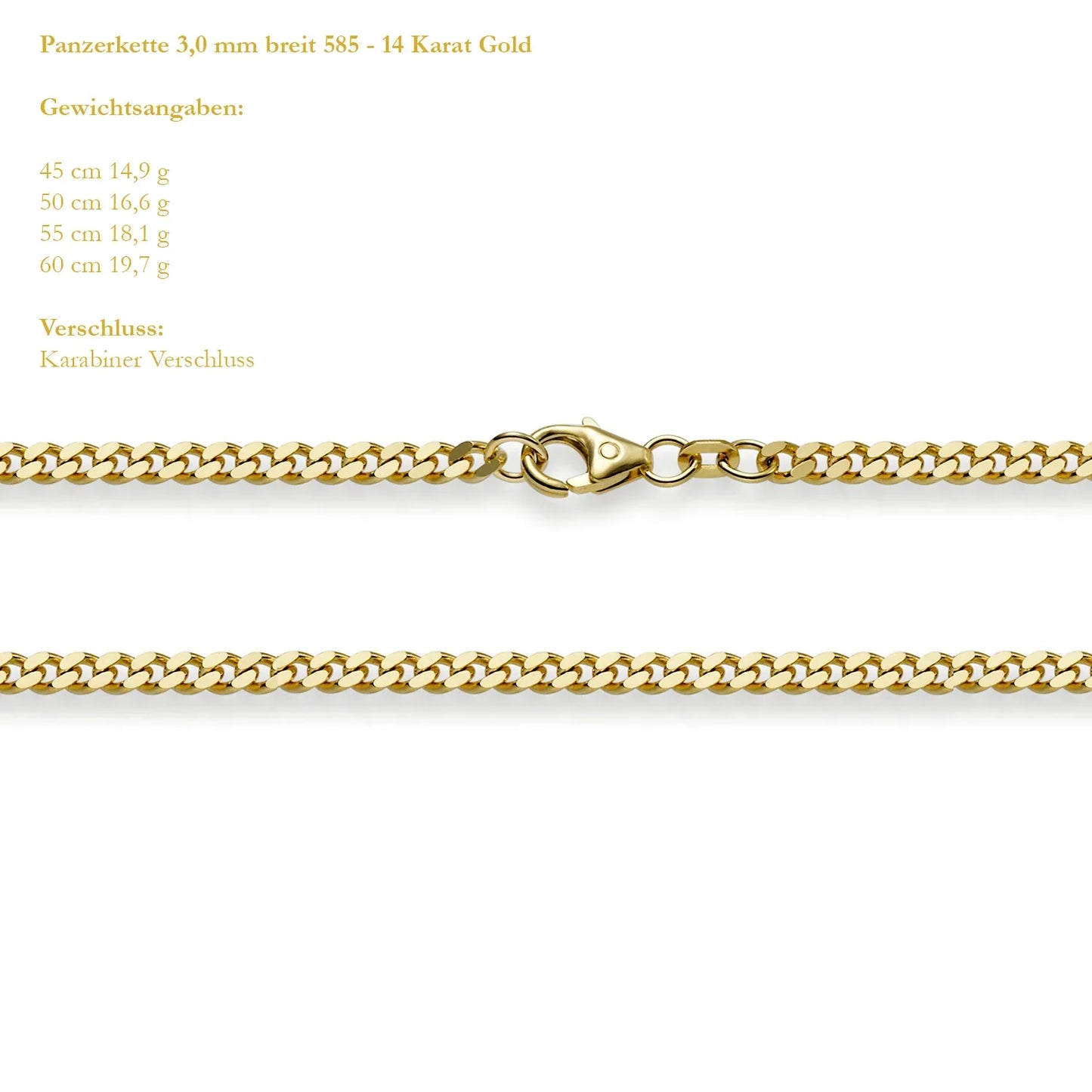 Goldkette Panzerkette Breite 3,0mm - 585-14 Karat Gold