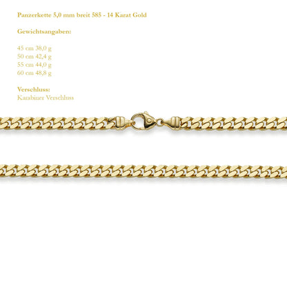 Goldkette Panzerkette Breite 5,0mm - 585-14 Karat Gold