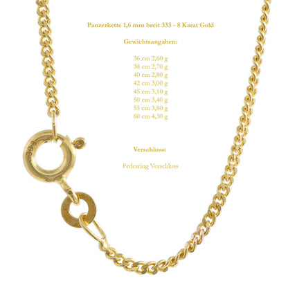 Goldkette Echt 333 - 8 Karat Panzerkette Gold Halskette - Damenkette und Herrenkette Made in Germany