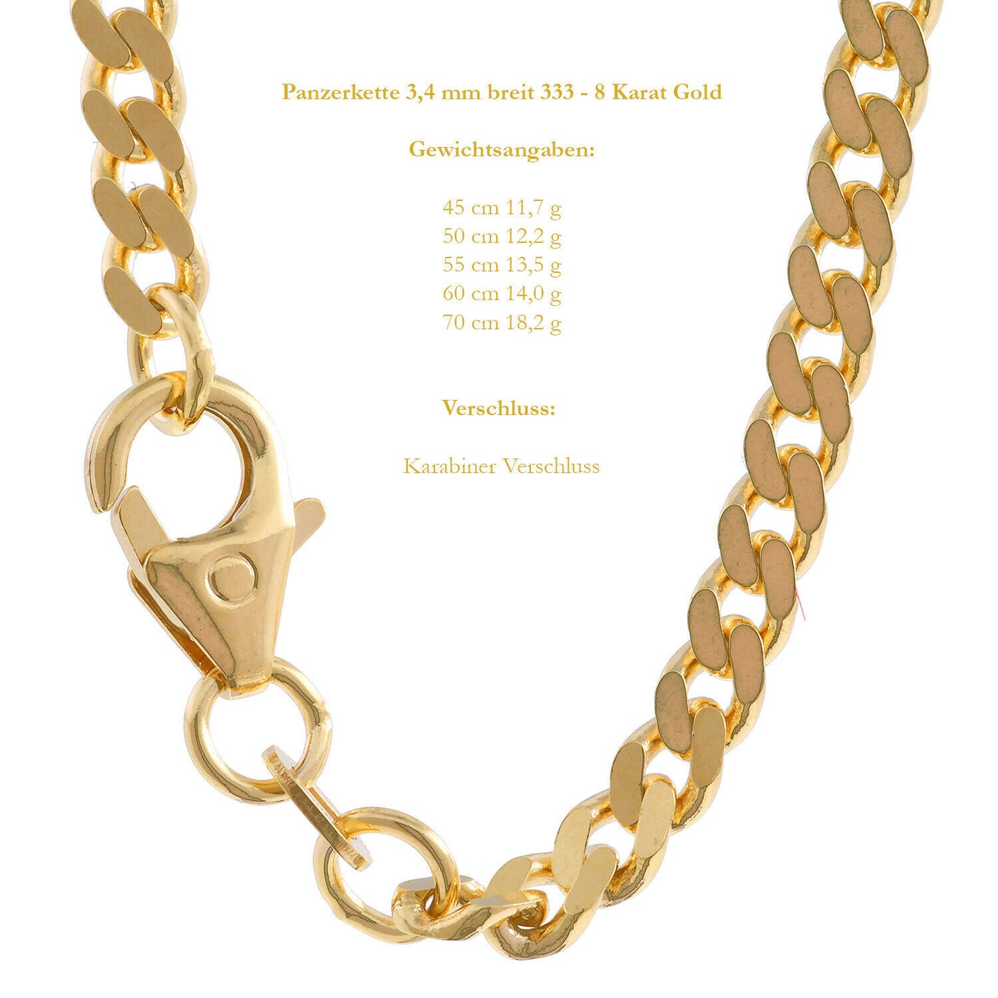 Goldkette Echt 333 - 8 Karat Panzerkette Gold Halskette - Damenkette und Herrenkette Made in Germany
