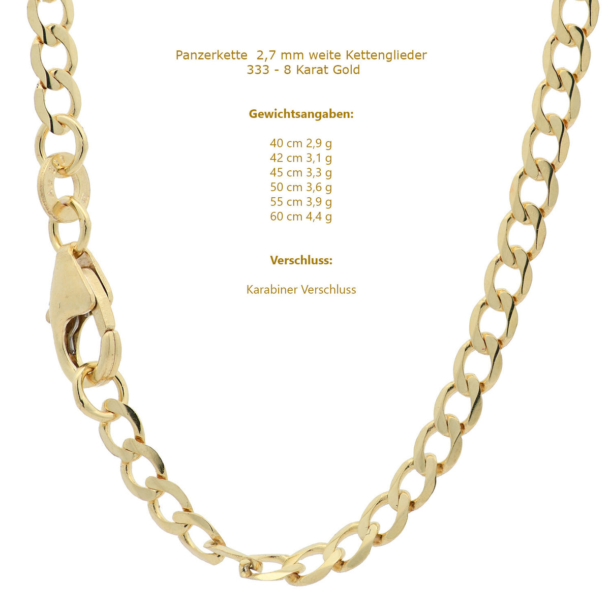 Goldkette Echt 333 - 8 Karat Panzerkette Gold Halskette - Damenkette und Herrenkette Made in Germany