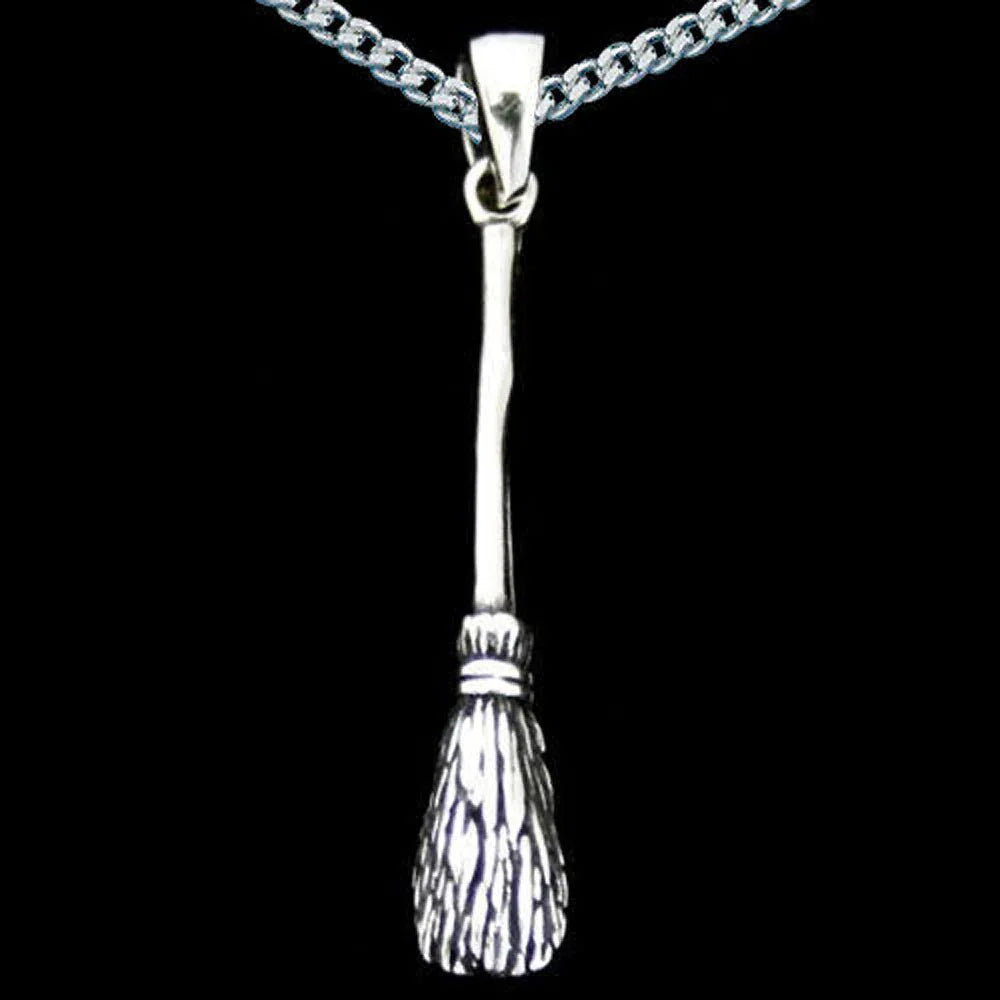 Flugbesen Hexenbesen Anhänger Schmuck 925er Silber mit rhodinierter Silberkette