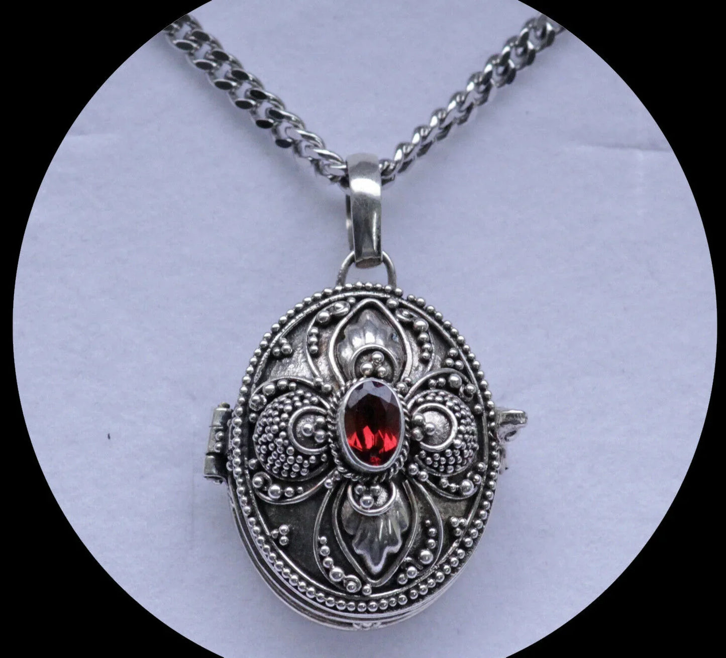 Medaillon mit Granatstein und Silberkette Schmuck Anhänger 925er Silber Set 45cm+1,6mm