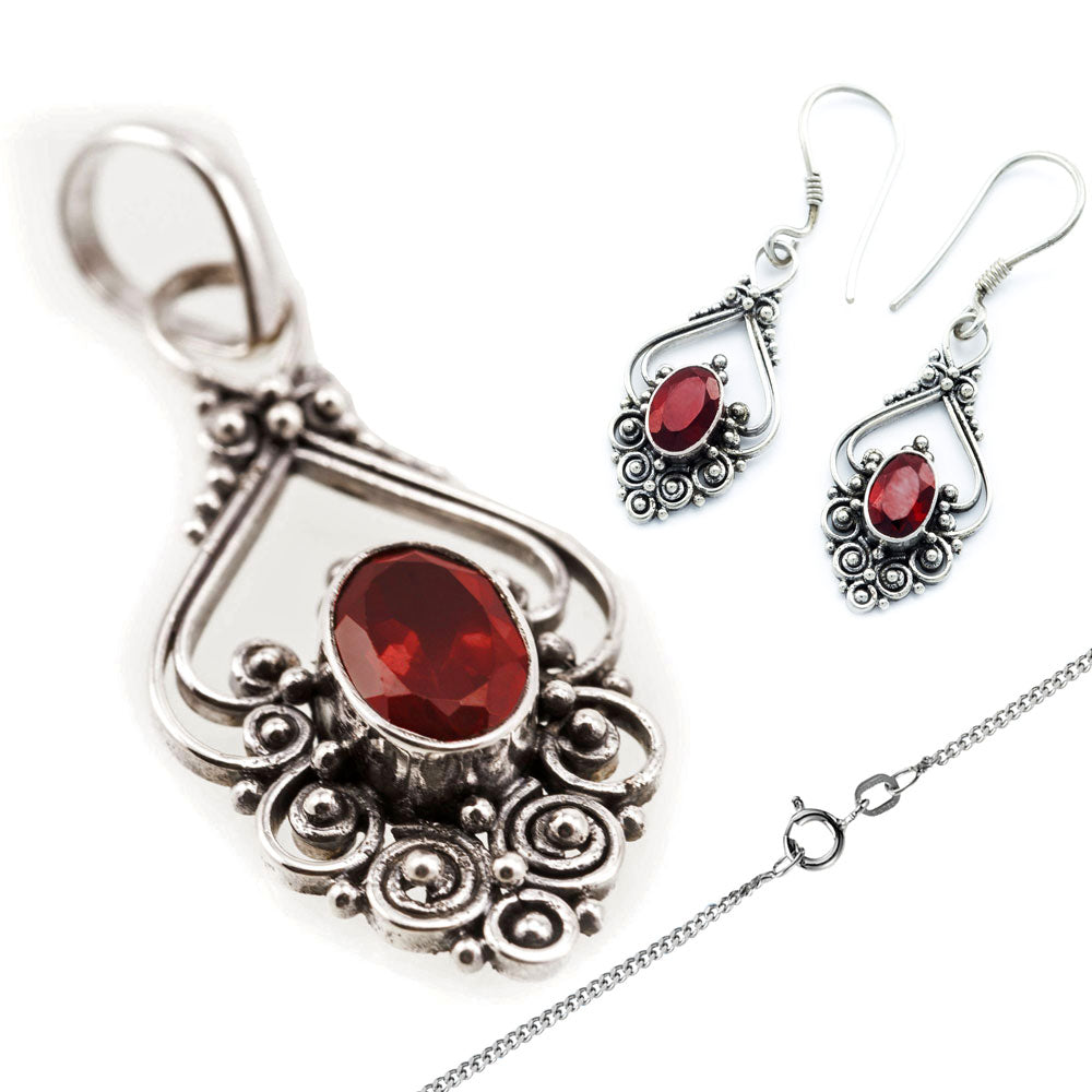 Jugendstil Schmuckset Grantstein Silberkette, Ohrringe Anhänger 925er Silber rot