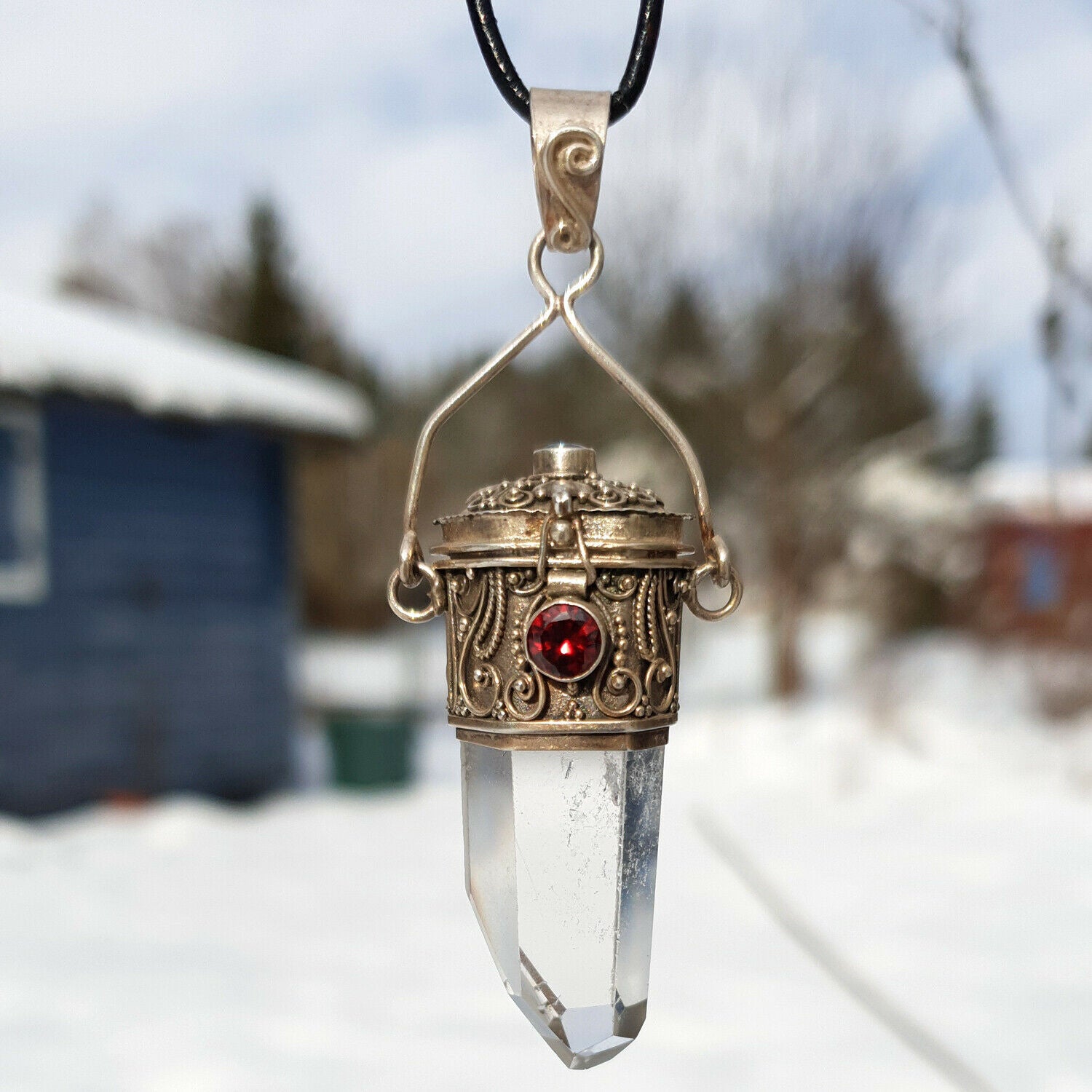 Bergkristall Anhänger Granatstein Schmuck Anhänger 925 Silber Medaillon