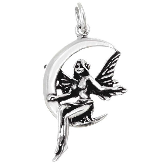 Auf Mond sitzende FeeElfe Schmuck Anhänger Silber Elfen Feen 37x26mm