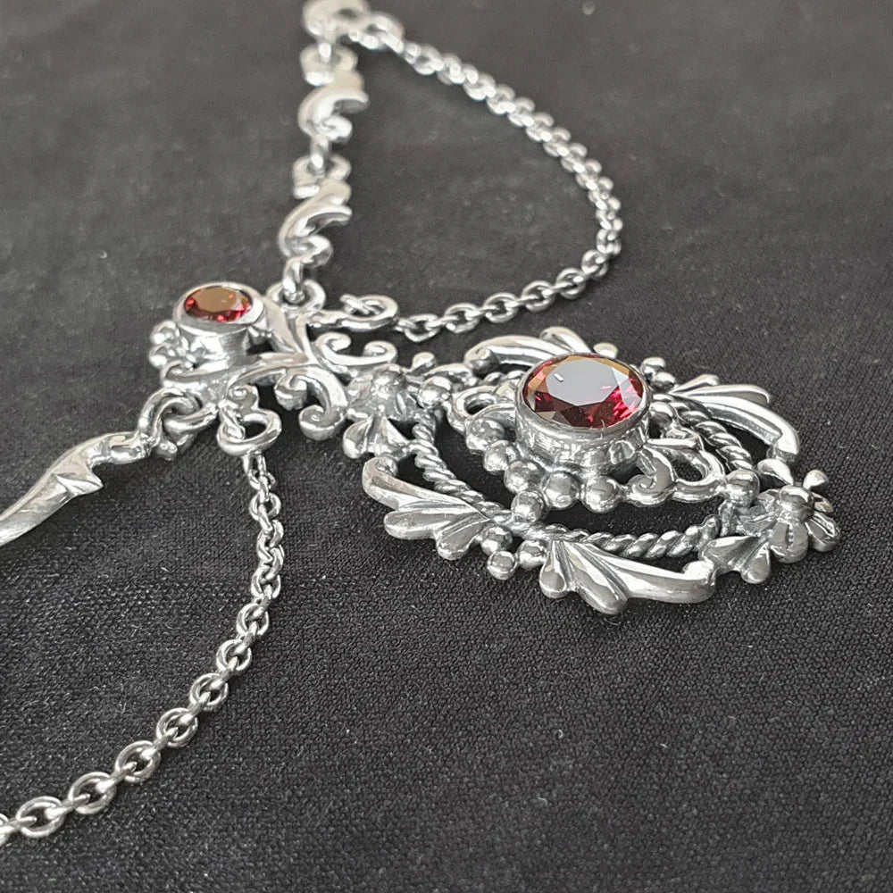 Mittelalter Collier Gothic Halsschmuck Trachtenschmuck roter Kristall Silber