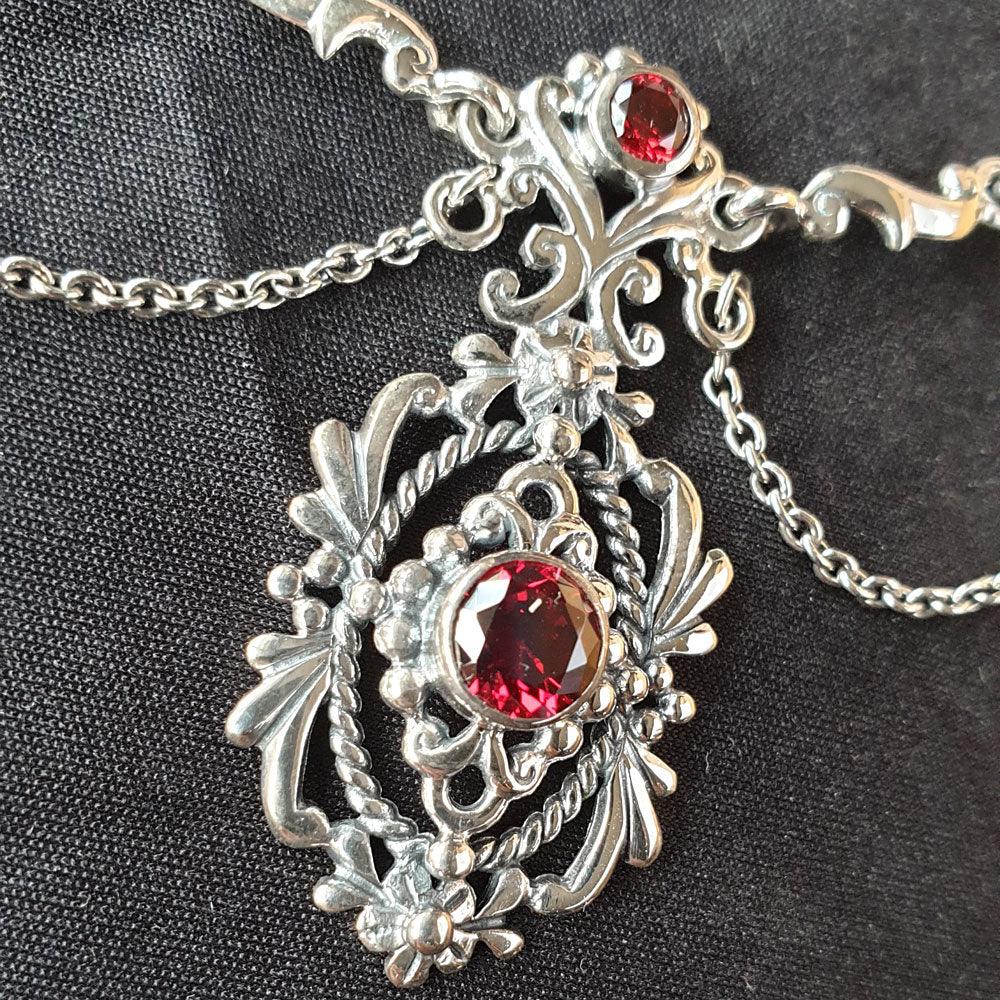 Mittelalter Collier Gothic Halsschmuck Trachtenschmuck roter Kristall Silber