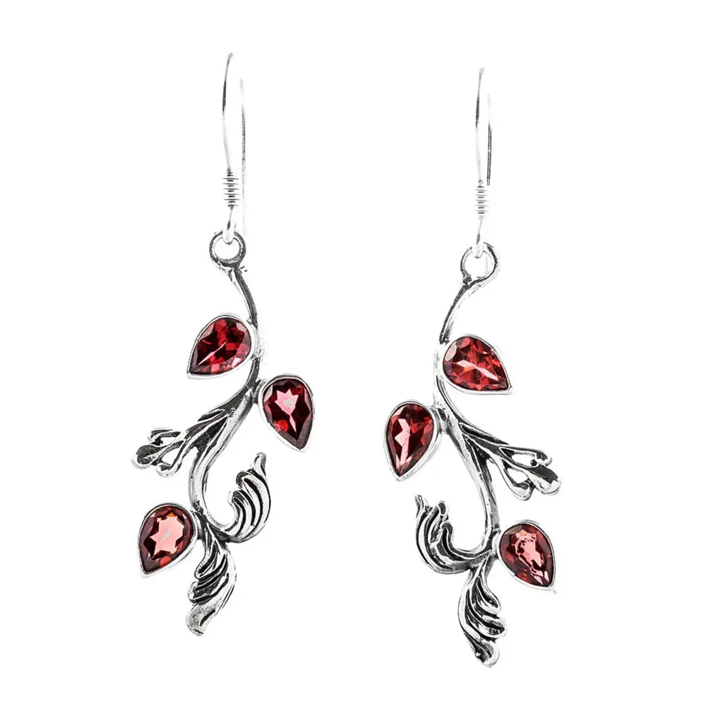 Ohranhänger Set Silber Kette Anhänger Blätter Granat Granatstein ROT 925 Silber