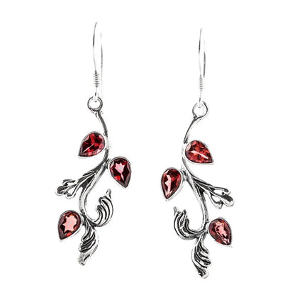 Ohranhänger Set Silber Kette Anhänger Blätter Granat Granatstein ROT 925 Silber