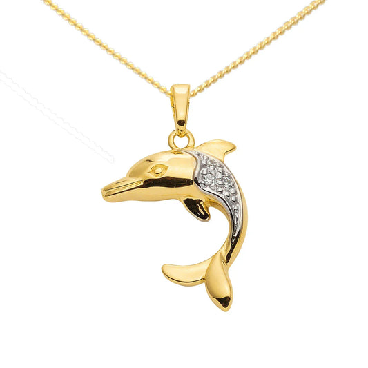 Gold Anhänger Delphin Zirkonia mit Goldkette massiv 333-8 Karat Gold