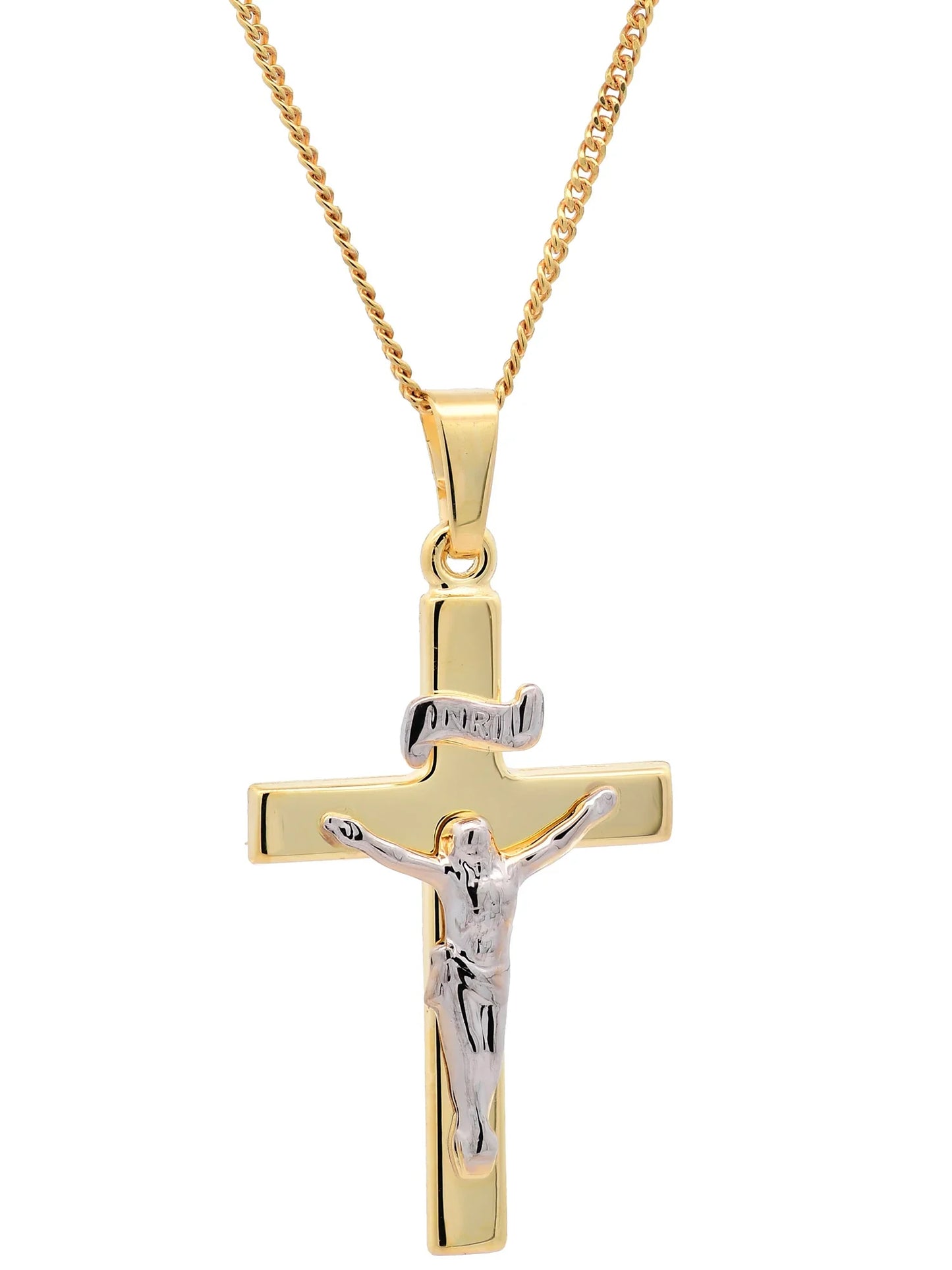 Anhänger Kreuz Korpus   585 Gold  mit vergoldeter Silberkette