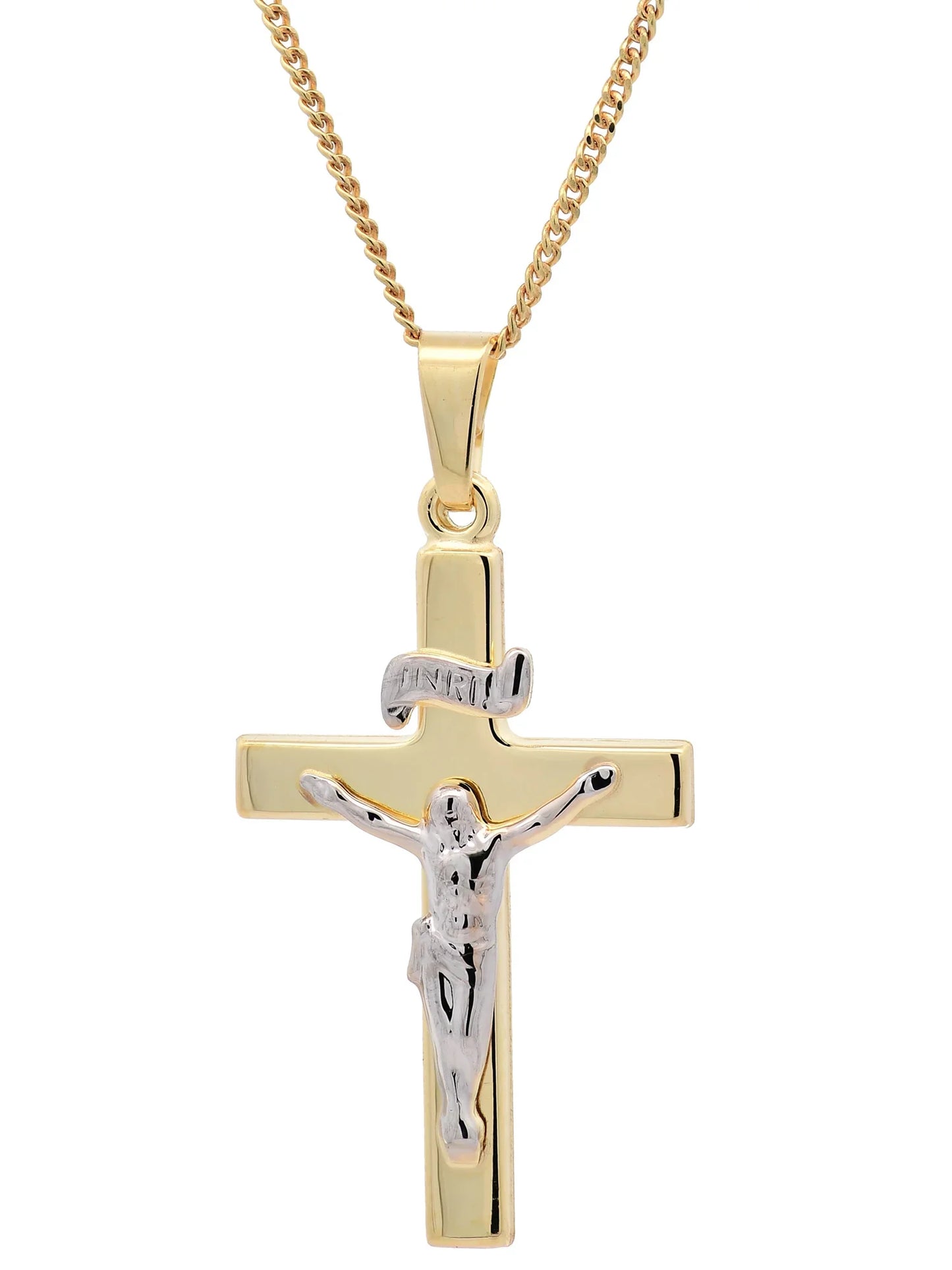 Anhänger Kreuz Korpus   585 Gold  mit vergoldeter Silberkette
