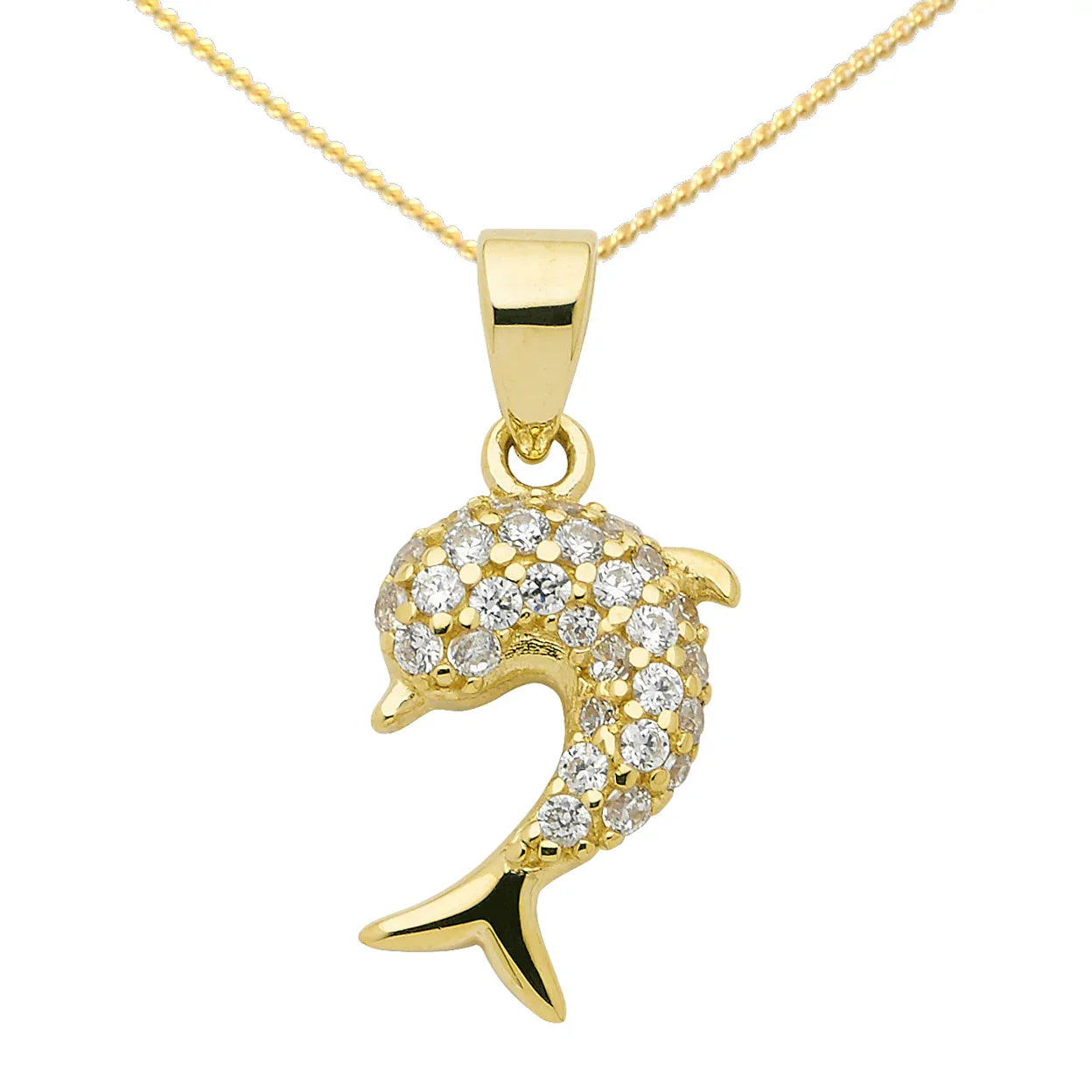 Gold Anhänger Delphin Zirkonia mit Goldkette massiv 333 -8 Karat Gold