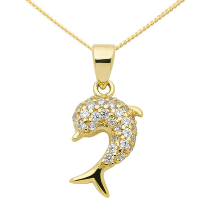 Gold Anhänger Delphin Zirkonia mit Goldkette massiv 333 -8 Karat Gold