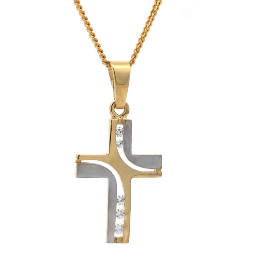Gold Anhänger Kreuz Zirkonia mit Goldkette massiv 585-14 Karat Gold