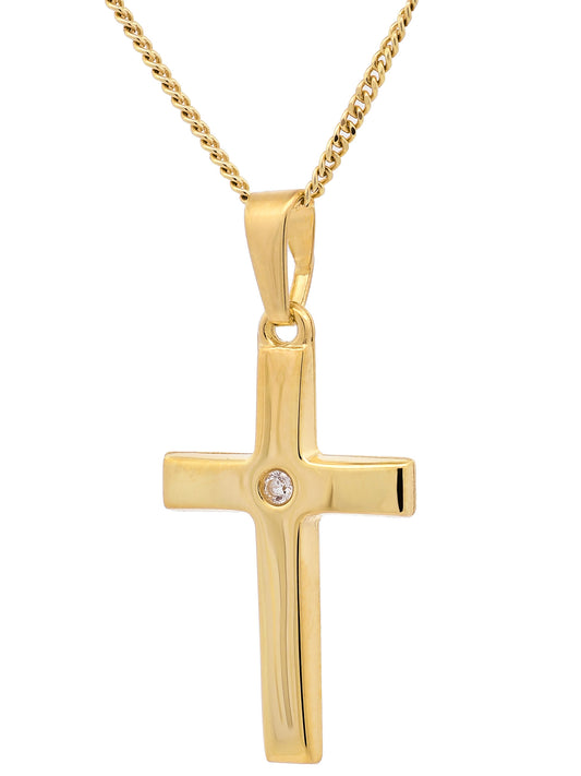 Gold Anhänger Kreuz Zirkonia mit Goldkette massiv 585 - 14 Karat Gold