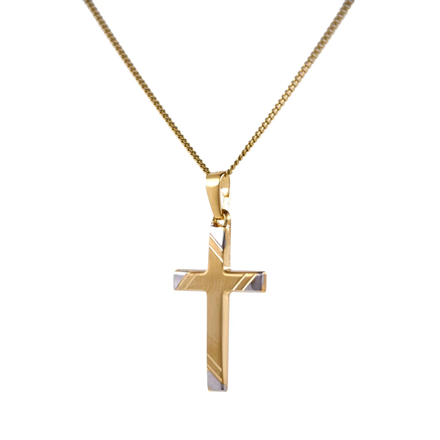 Gold Anhänger Kreuz mit Goldkette massiv 585-14 Karat Gold rhodiniert