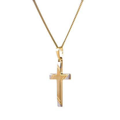 Gold Anhänger Kreuz mit Goldkette massiv 585-14 Karat Gold rhodiniert