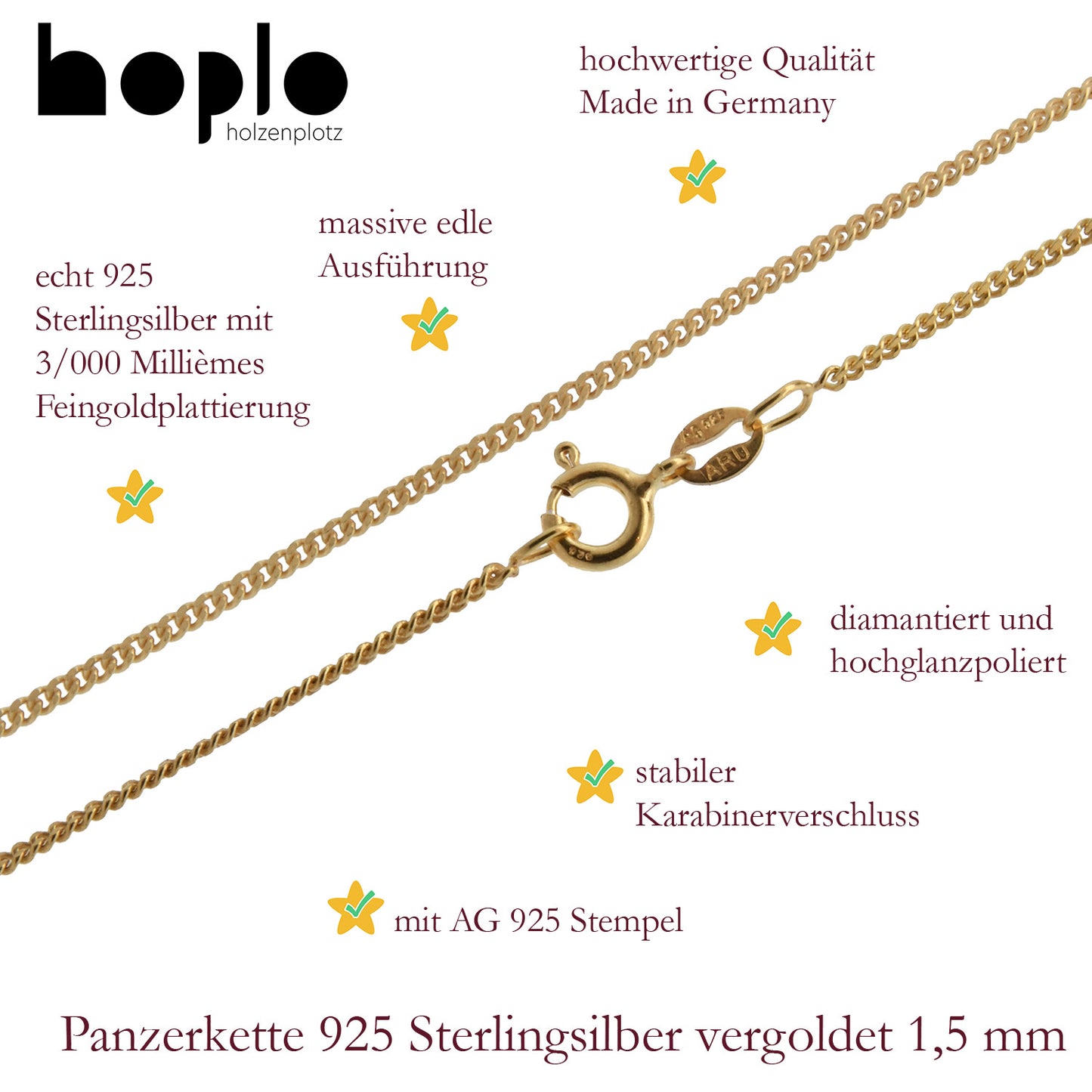 Vergoldete Panzerkette Halskette 1,5 mm 925 Silber Gelbgold plattiert