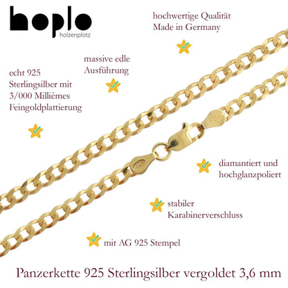 Vergoldete Panzerkette Halskette 3,6 mm 925 Silber Gelbgold plattiert