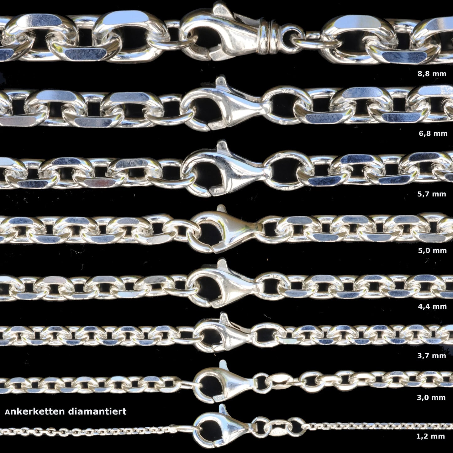 2,0 mm 60 cm 925 Sterlingsilber Ankerkette diamantiert massiv Silber hochwertige Halskette 6,5 g
