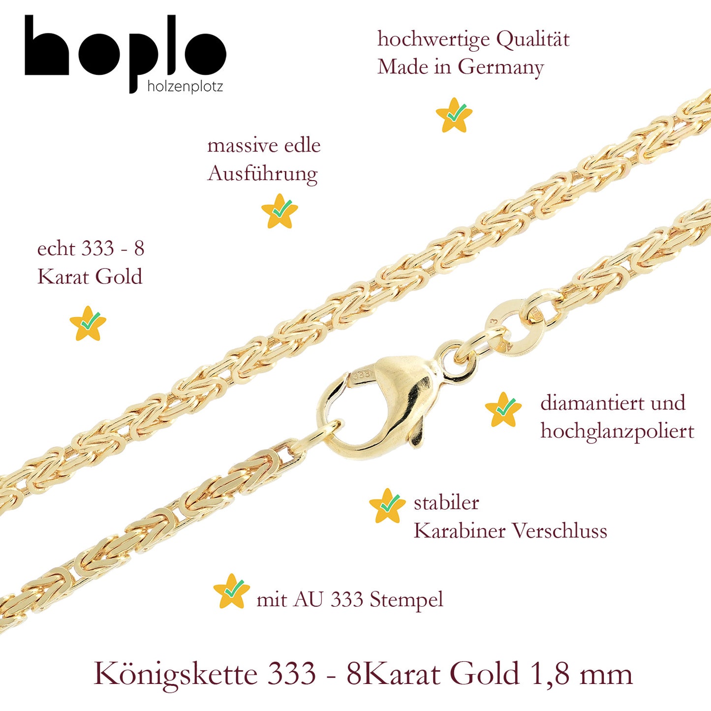 Goldkette Königskette Halskette Breite 1,8 mm massiv 333-8 Karat Gold