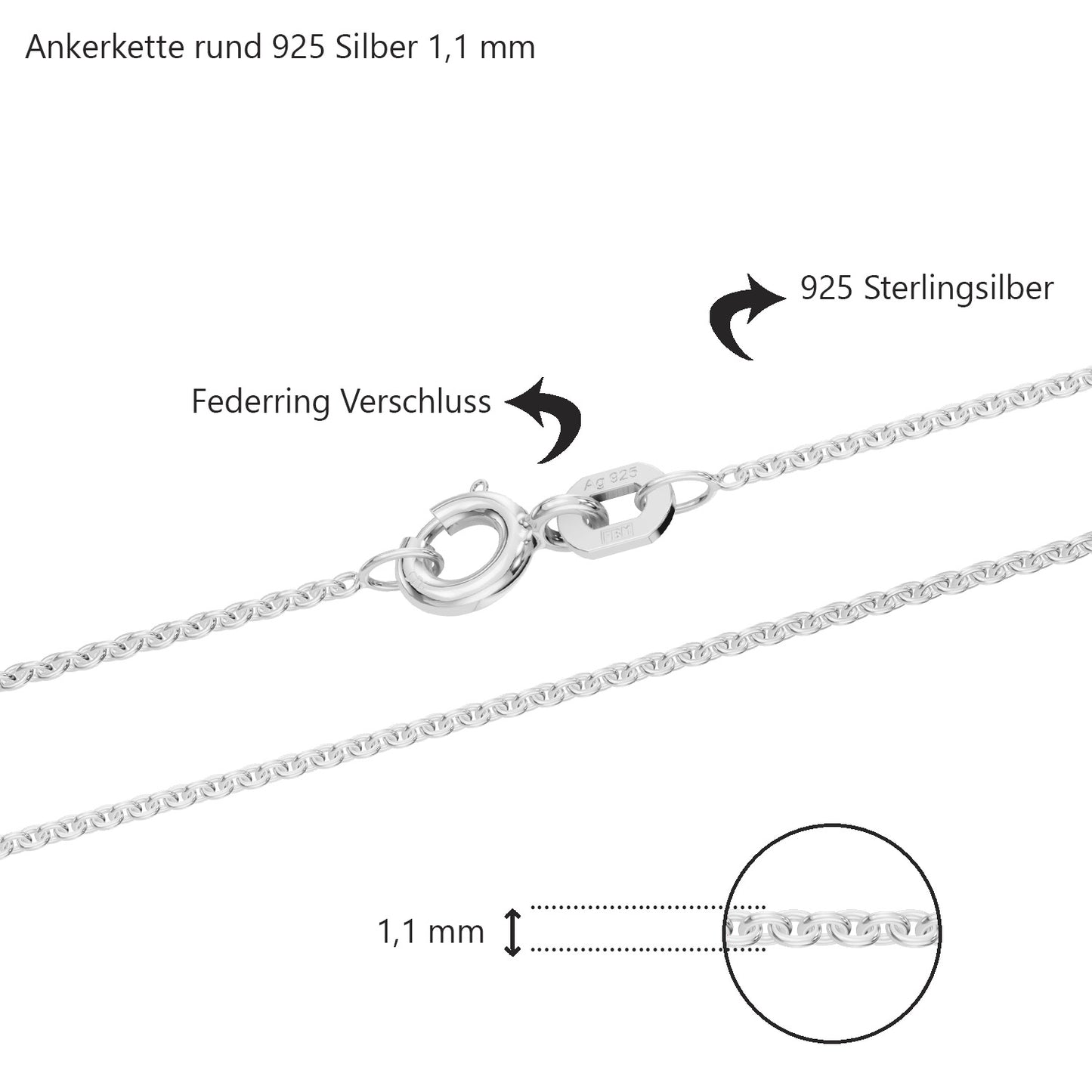 Silberkette Ankerkette rund Halskette Breite 1,1 mm massiv 925 Silber