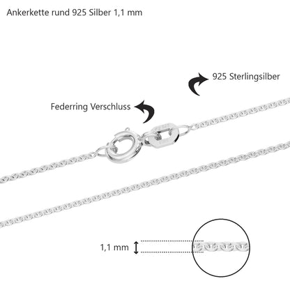 Silberkette Ankerkette rund Halskette Breite 1,1 mm massiv 925 Silber