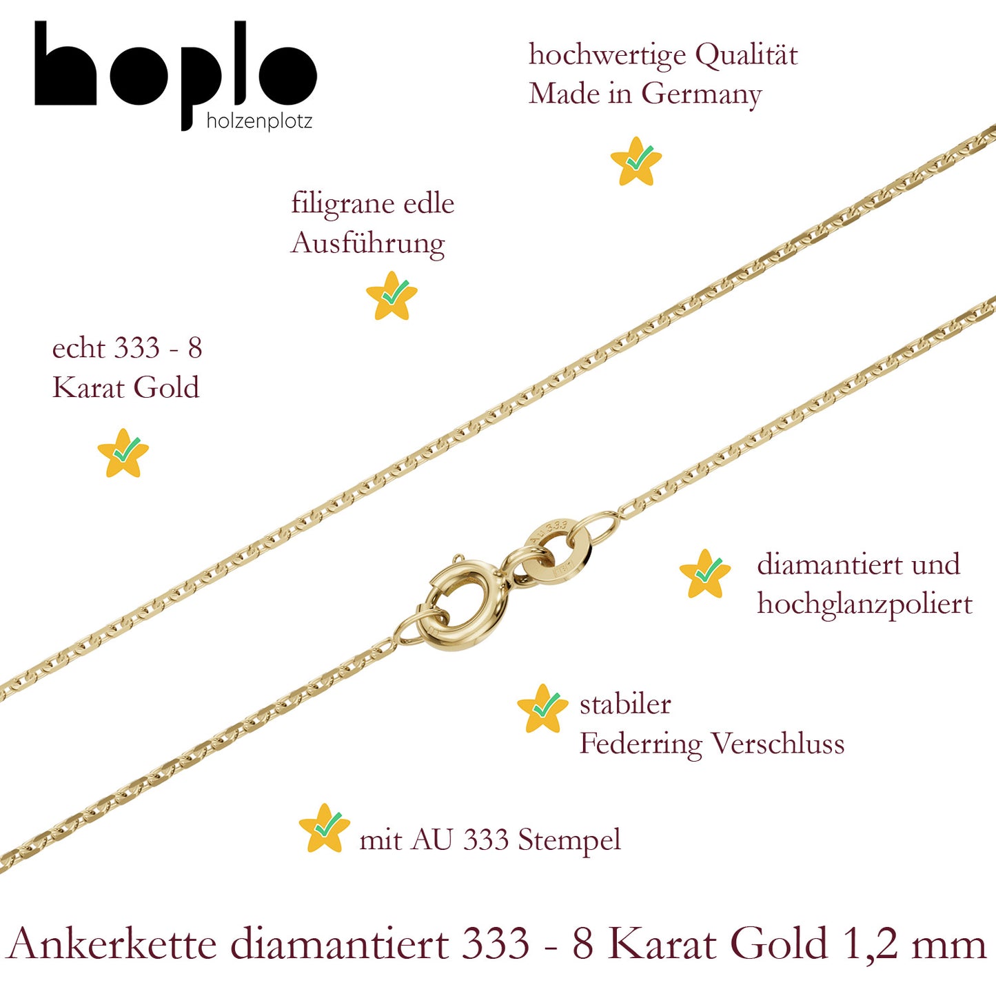 Goldkette Ankerkette diamantiert Halskette 1,2 mm 333-8 Karat Gold