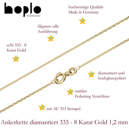 Goldkette Ankerkette diamantiert Halskette 1,2 mm 333-8 Karat Gold